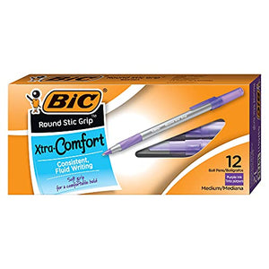 BIC Round Stic Grip Xtra Comfort Ballpoint Pen, Medium Point (1.2mm), Purple, 12-Count Pack (GSMG11-PPL)