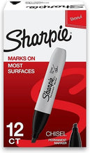 Sharpie Chisel Tip Permanent Markers; Proudly Permanent Ink Marks On Paper, Plastic, Metal, and Most Other Surfaces; Remarkably Resilient Ink Dries Quickly and Resists; Black; Pack of 12 (38201)