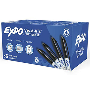 EXPO Vis-a-Vis Wet Erase Markers, Fine Point, Black, 36 Count