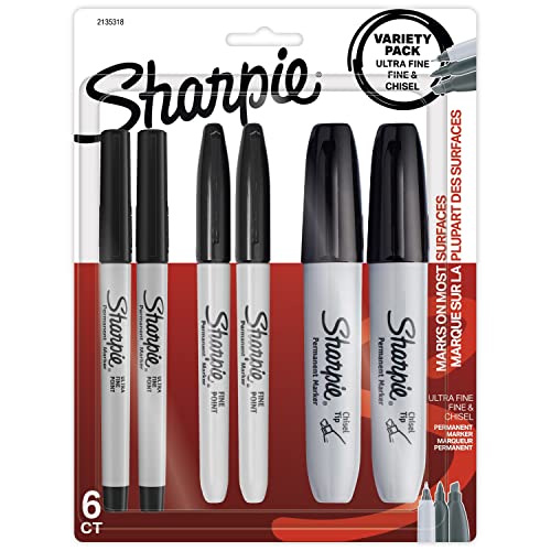 SHARPIE Permanent Markers Variety Pack, Featuring Fine, Ultra-Fine, and Chisel-Point Markers, Black, 6 Count