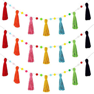 3 Pcs Colorful Rainbow Boho Tassel Garland Pom Pom Classroom Garland Tassel Each 50 Inch Rainbow Garland Banner Decorative Wall for Baby Kids Nursery Shower Decor Photography Prop (Bright Colors)