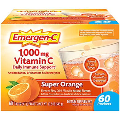 Emergen-C 1000mg Vitamin C Powder for Daily Immune Support Caffeine Free Vitamin C Supplements with Zinc and Manganese, B Vitamins and Electrolytes, Super Orange Flavor - 60 Count/2 Month Supply