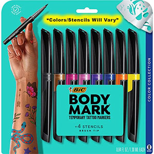 BIC BodyMark Temporary Tattoo Markers for Skin (MTBP81-AST), Color Collection, Flexible Brush Tip, 8-Count Pack of Assorted Colors, Skin-Safe*, Cosmetic Quality