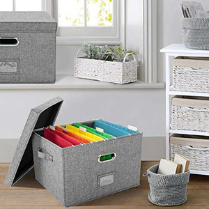 JSungo File Box with 5 Hanging Filing Folders, Document Organizer Storage for Office, Collapsible Linen Storage Box with Lids, Home Portable Storage with Handle, Letter Size Legal Folder, Grey
