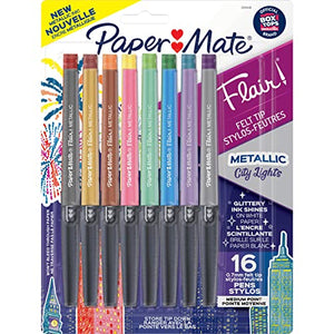 Paper Mate Flair Pens, Metallic Felt Tip Pens, City Lights, Glittery Ink Shines on White Paper, Assorted Colors, 16 Count