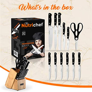 NutriChef 13 Piece Kitchen Knife Set - German Stainless Steel Kitchen Precision Knives Set w/ 6 Steak Knives & Bonus Scissors, Wooden Block Stand w/ Sharpener - Slicing, Chopping, Dicing - NCKNS13