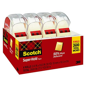 Scotch Super-Hold Tape, 4 Rolls, Transparent Finish, 50% More Adhesive, Trusted Favorite, 3./4 x 650 Inches, Dispensered (4198)