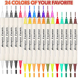 Dual Tip Acrylic Paint Pens-Markers，with Fine Tip Brush Tip, 24 Color Waterproof Paint Pens for Rock Painting, Stone, Ceramic, Glass, Wood, Fabric, Canvas, Porcelain, Metal,Non-Toxic and No Odor