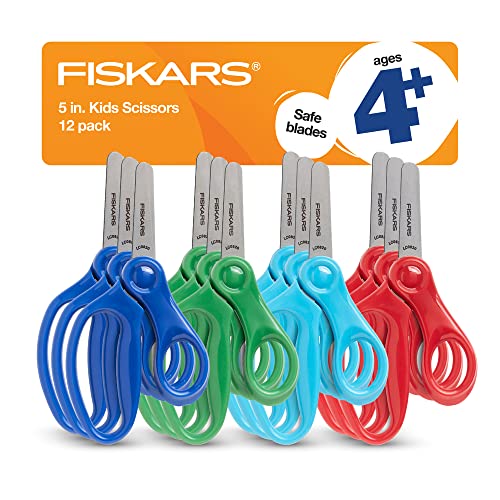 Fiskars 194160 Back to School Supplies, Kids Scissors Blunt-tip Bulk, 5 Inch, 12 Pack, Assorted Colors