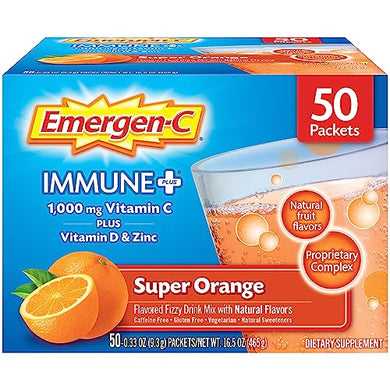 Emergen-C Immune+ 1000mg Vitamin C Powder, with Vitamin D, Zinc, Antioxidants and Electrolytes for Immunity, Immune Support Dietary Supplement, Super Orange Flavor - 50 Count