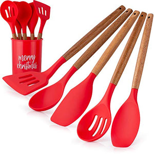 Zulay Kitchen Non-Stick Silicone Utensils Set (5-Piece) with Authentic Acacia Wood Handles & Utensil Holder - Silicone Cooking Utensils Set - Silicone Spatula Set - Spatula Silicone Cooking Set