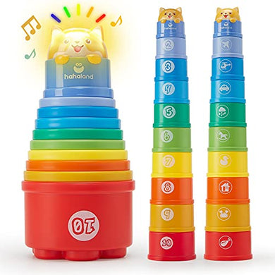 hahaland Stacking Cups Baby Toys 12-18 Months, Stacking Learning Toddler Toys Age 1-2 Numbers Shapes Patterns Montessori Toys for 1 Year Old Boy Girl Sounds Light up Educational Toys for Toddlers 1-3