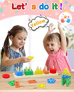 Yetonamr Montessori Toys for 1 2 3 Years Old Boys Girls, Wooden Sorting & Stacking Toys for Toddlers and Kids Baby, Color Recognition Shape Sorter Gift Educational Learning Toy Puzzles Ages 1-3