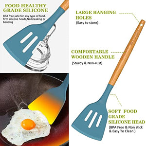 Kitchen Utensil Set Silicone Cooking Utensils -Fungun 35 pcs Kitchen Utensils Tools Wooden Handle Spoons Spatulas Set Cookware Turner Tongs Whisk Kitchen Gadgets with Holder (BPA Free, Non Toxic)