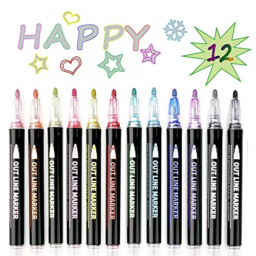 XFSSFWB Super Squiggles Shimmer Pens Magic Silver Metallic Self Outline Sparkling Glitter Permanent Markers Pen Set for Card Making Scrapbook with Magically-Appearing Colored Outlines