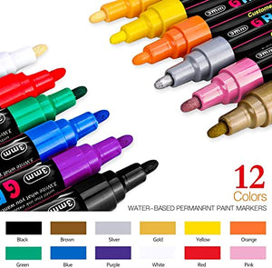 Emooqi Acrylic Paint Pens, Set of 12 Pcs Paint Markers Pens for Rocks, Craft, Ceramic, Glass, Wood, Fabric, Canvas -Art Crafting Supplies
