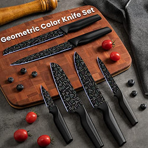 Astercook Knife Set, 12 Pcs Colorful Geometric Pattern Kitchen Knife Set, 6 Stainless Steel Kitchen Knives with 6 Blade Guards, Dishwasher Safe, Black