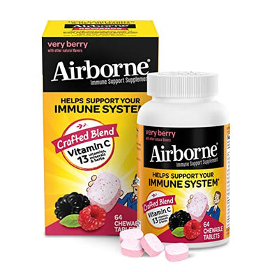 Airborne 1000mg Vitamin C Chewable Tablets with Zinc, Immune Support Supplement with Powerful Antioxidants Vitamins A C & E - 64 Chewable Tablets, Very Berry Flavor