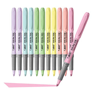 BIC Brite Liner Grip Pastel Highlighter Set, Chisel Tip, 12-Count Pack of Pastel Highlighters in Assorted Colors, Cute Highlighters for Bullet Journaling, Note Taking and More