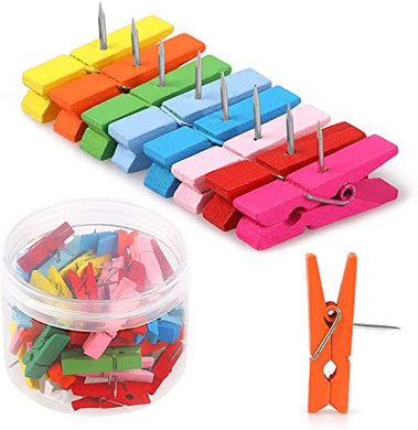 50 PCS Colorful Push Pin with Wooden Clips, Durable Wooden Push Pins, Decorative Pushpins Tacks Thumbtacks, Tacks for Cork Board Artworks Notes Photos, Craft Projects, Offices and Homes (8 Colors)