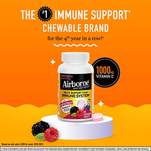 Airborne 1000mg Vitamin C Chewable Tablets with Zinc, Immune Support Supplement with Powerful Antioxidants Vitamins A C & E - 64 Chewable Tablets, Very Berry Flavor