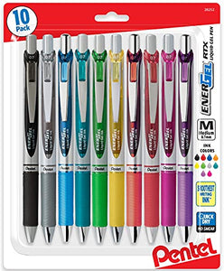 Pentel EnerGel 0.7 MM RTX Retractable Liquid Gel Pen, 10 Pack of New Assorted ink Colors, Metal Tip, Medium Line, Quick Dry No Smear