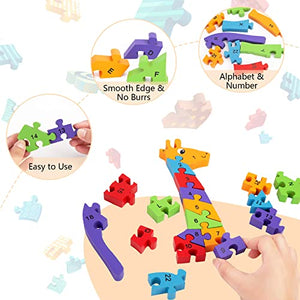 LovesTown Giraffe Wooden Puzzle, 26PCS Jigsaw Puzzle Alphabet and Number Blocks Wooden Building Blocks for Kid Preschool