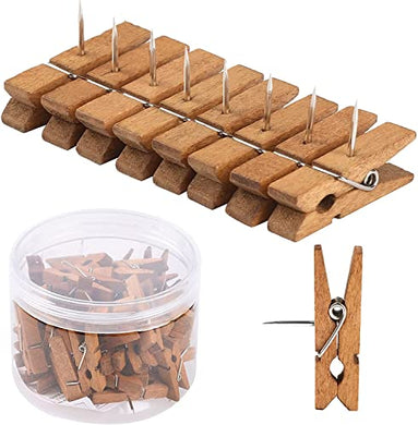 50 PCS Push Pin with Wooden Clips, Durable Wooden Push Pins, Decorative Pushpins Tacks Thumbtacks, Tacks for Cork Board Artworks Notes Photos, Craft Projects, Offices and Homes