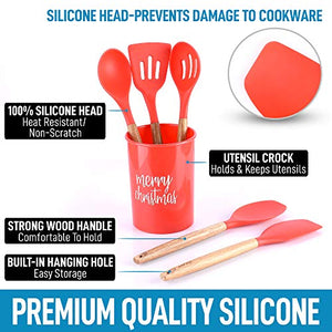 Zulay Kitchen Non-Stick Silicone Utensils Set (5-Piece) with Authentic Acacia Wood Handles & Utensil Holder - Silicone Cooking Utensils Set - Silicone Spatula Set - Spatula Silicone Cooking Set