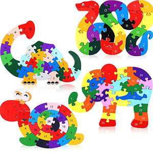 4 Pcs Alphabet Jigsaw Puzzle Building Blocks Animal Wooden Puzzle Wooden Alphabet Puzzle Snake Elephant Dinosaur Snail Number Blocks Toys ABC Alphabet Animal Puzzle for Preschool Learning