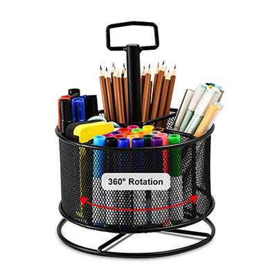 Marbrasse Mesh Desk Organizer, 360-Degree Rotating Multi-Functional Pen Holder, 4 Compartments Desktop Stationary Organizer, Home Office Art Supply Storage Box Caddy (Black)