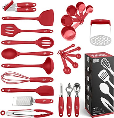 Kitchen Utensil Set 24 Silicone and Stainless Steel Utensil Set, Non-Stick and Heat Resistant Cooking Utensils Set, Kitchen Tools, Useful Pots and Pans Accessories and Kitchen Gadgets (Red)