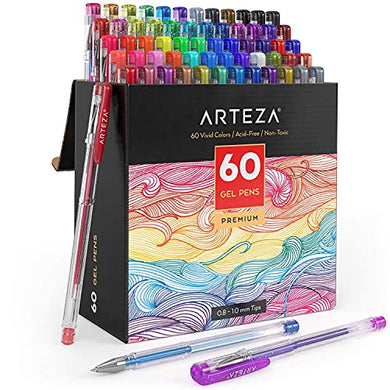 ARTEZA Gel Pens, 60 Colours, 0.8–1.0 mm Tips, Glitter, Metallic, Pastel, Neon, Rainbow Hues, Writing Pens for Scrapbooking, Doodling, and Journaling