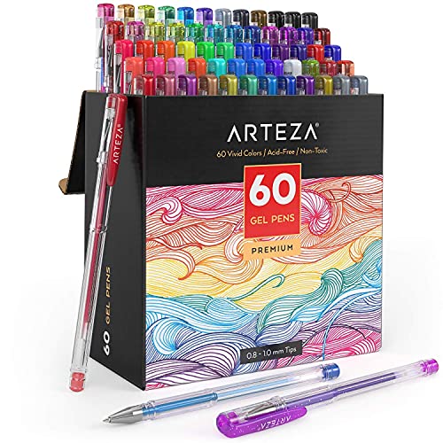 ARTEZA Gel Pens, 60 Colours, 0.8–1.0 mm Tips, Glitter, Metallic, Pastel, Neon, Rainbow Hues, Writing Pens for Scrapbooking, Doodling, and Journaling