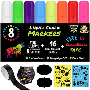 Vaci Chalk Markers - Pack of 8 Liquid Neon Chalk Pens with Chalkboard Tape, Stencils, and 16 Labels for Windows, Blackboards, and More; Non-Toxic Marker Pens with Reversible Dual Tips!