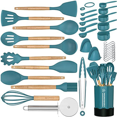 Kitchen Utensil Set Silicone Cooking Utensils -Fungun 35 pcs Kitchen Utensils Tools Wooden Handle Spoons Spatulas Set Cookware Turner Tongs Whisk Kitchen Gadgets with Holder (BPA Free, Non Toxic)