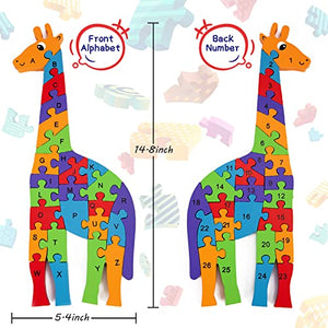 LovesTown Giraffe Wooden Puzzle, 26PCS Jigsaw Puzzle Alphabet and Number Blocks Wooden Building Blocks for Kid Preschool