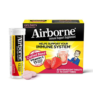 Airborne 1000mg Vitamin C with Zinc, SUGAR FREE Effervescent Tablets, Immune Support Supplement with Powerful Antioxidants Vitamins A C & E - 30 Fizzy Drink Tablets, Very Berry Flavor