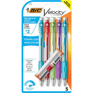 BIC Velocity Original Mechanical Pencils, Thick Point (0.9mm), 5-Count Pack and Refills, Pencils for Office and School Supplies