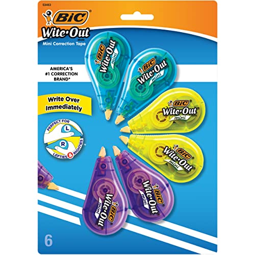 Wite Out BIC Brand Mini Correction Tape, 16.4 Feet, 6-Count Pack of white Correction Tape, Compact Tape Office or School Supplies