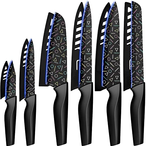Astercook Knife Set, 12 Pcs Colorful Geometric Pattern Kitchen Knife Set, 6 Stainless Steel Kitchen Knives with 6 Blade Guards, Dishwasher Safe, Black