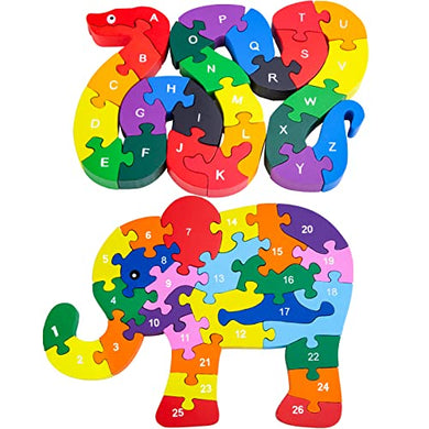 2PCS Animal Wooden Puzzle Alphabet Jigsaw Puzzle, Wooden Snake & Elephant Letters Numbers Block Toys for Children’s Toys - Snake & Elephant