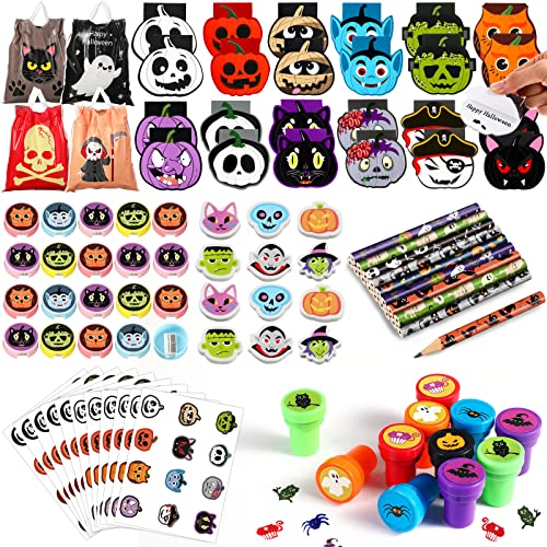 Clabby 192 Pcs Halloween Stationery Party Favors for Kids Classroom Bulk Gifts Trick or Treat Goodie Bag Stuffers Including Bags Erasers Notepads Pencils Sharpeners Stickers Stampers