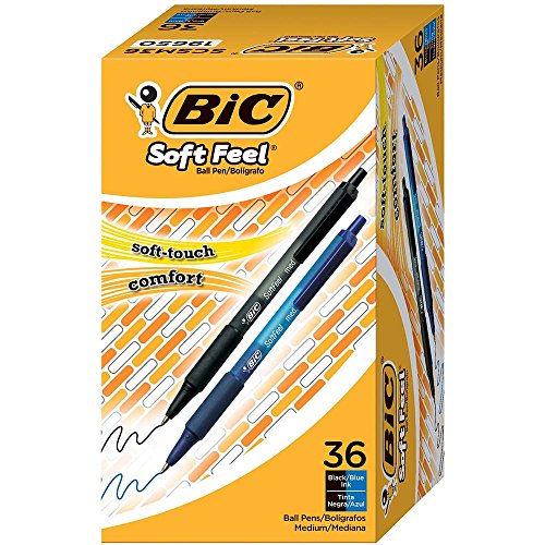 BIC Soft Feel Assorted Colors Retractable Ballpoint Pens, Medium Point (1.0mm), 36-Count Pack, Black and Blue Pens With Soft-Touch Comfort Grip